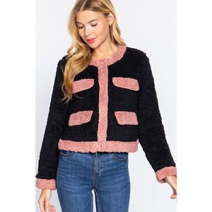 Long Sleeve Pocket Detail Faux Fur Jacket‎